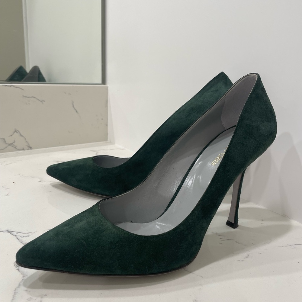 Sergio Rossi Dark Green Suede Pointed Toe Pumps Heels - Picture 3 of 16